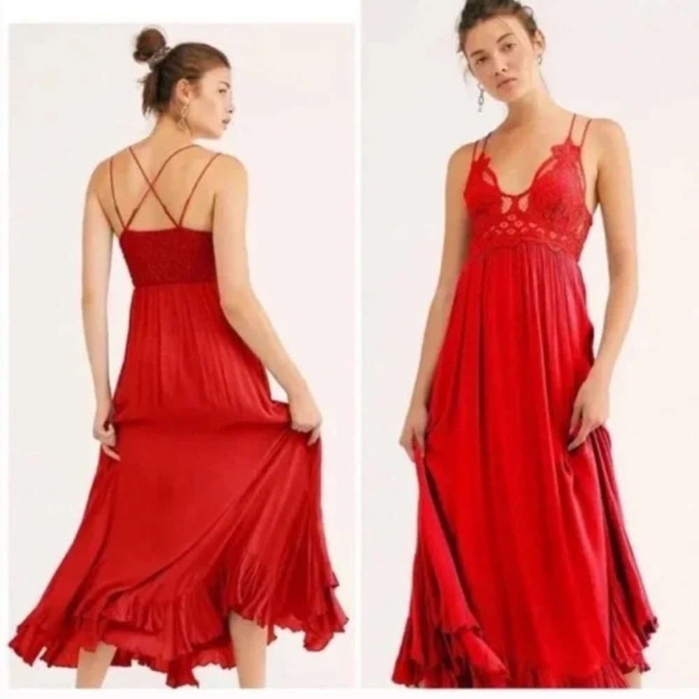 Free People One Adella Lacy Maxi Slip Dress Red